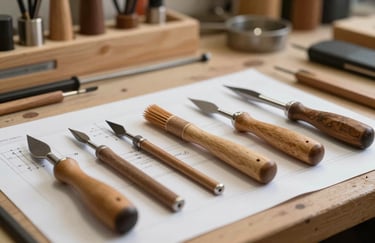 Macro shot of professional wood carving tools and plans on a workbench in a clean, modern workshop, warm lighting, North American style.