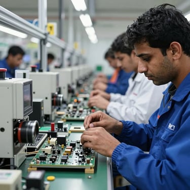 An assembly line worker precisely assembling electronics in a clean modern factory in Serbia, Eastern European / Balkan, with South Asian / Southeast Asian focus, focused lighting on the hands and task.