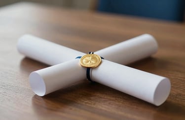 Close up of an official graduation scroll with a gold seal, resting on a wooden table, professional studio lighting, emphasizing success and qualification, palette includes #B48C5B and #0A2B2E.