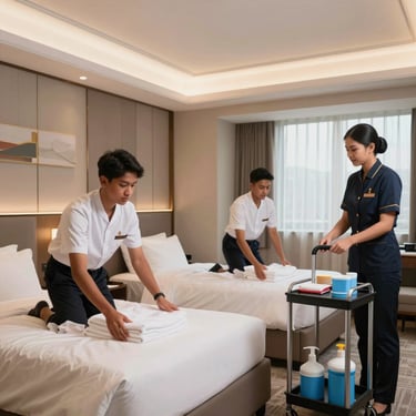 A professional Southeast Asian / Indonesian hotel staff member smiling in a luxury hotel reception in Germany, warm lighting, high-end hospitality environment.