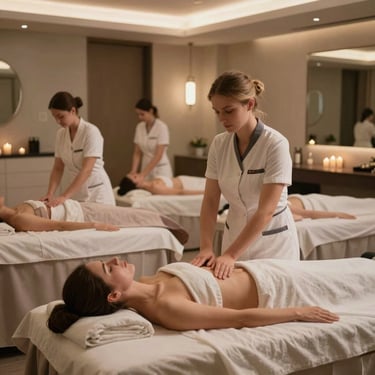 A young Southeast Asian / Indonesian nursing student in a professional white medical uniform working in a clean, modern German healthcare facility, caring and bright professional mood.