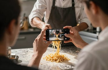 A behind-the-scenes shot of a content creator using a smartphone to film a chef tossing pasta in a sunlit kitchen.