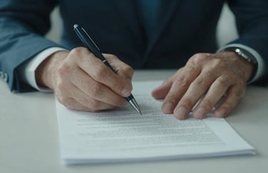A close-up of professional hands holding a pen over a document in a Western European / French office, soft dusty blue and pale frost grey tones, natural daylight.