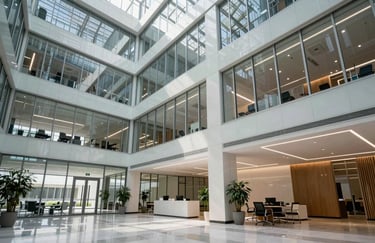 A wide shot of a modern, bright office lobby with tech-forward architecture and glass walls in North American / International Business.