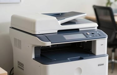 A clean, modern high-speed photocopying machine in a bright office in a South Asian / Indian city, off-white and deep navy accents, sharp detail.