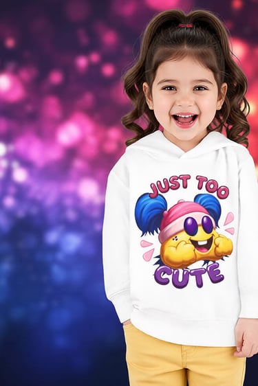 A happy little girl with a big smile wearing a white BeeBee Just Too Cute hoodie for toddlers