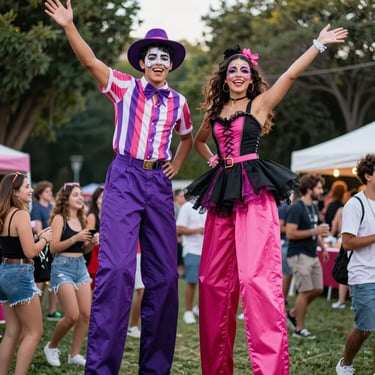 Wide environmental shot, a zanquero stilt walker towering over a festival crowd, costume lit by outdoor daylight and colored stage gels, crowd reacting below with upward gazes, dynamic framing capturing scale and presence