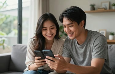 A happy Southeast Asian / Thai couple in their modern sunlit living room, looking at their phone and smiling, representing the peace of mind from lower bills, high-end photography.