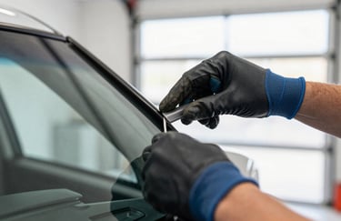 Close-up of a technician's hands in professional work gloves carefully inspecting a newly installed windshield, focus on the seamless seal and precision fit, North American garage setting with bright, clinical lighting.