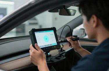 Inside a modern vehicle cabin, a technician uses a specialized electronic calibration device mounted to the glass, high-tech interface glowing in a soft light blue hue, professional North American service context.