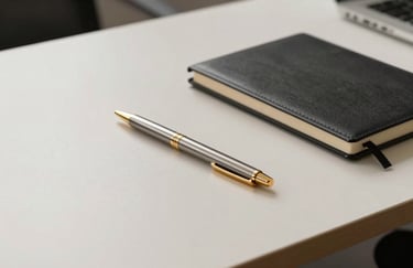A high-end minimalist office desk with a soft off-white surface, a slim metallic pen, and a premium notebook. Soft gold highlights on the metal objects.