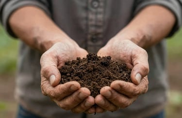 Close-up of farmer's hands holding a handful of dark, fertile soil. The image evokes a sense of being grounded in nature and respect for the earth. Palette: #2C3A2D, #6F624C.