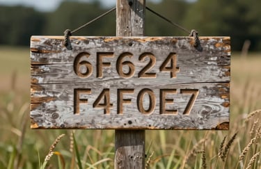 A rustic wooden sign with engraved text on a farmhouse post, surrounded by tall grass. The image represents tradition and local heritage. High contrast lighting, featuring #6F624C and #F4F0E7.