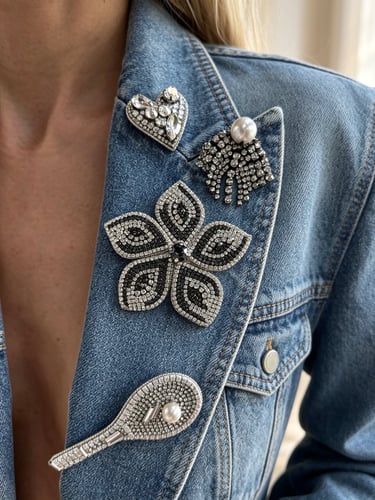 Denim jacket lapel decorated with sparkling rhinestone brooches in flower, heart, and pearl shapes.