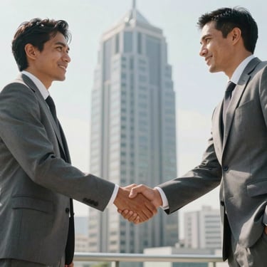 A handshake between two professionals in business suits in a bright, modern Latin American skyscraper office, focus on the professional connection, palette of slate grey and light off-white.