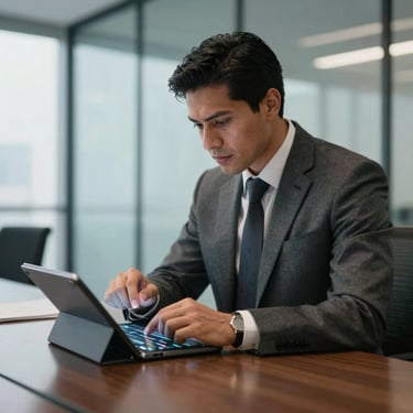 A Latin American professional in a tailored business suit reviewing financial charts on a digital tablet in a modern glass-walled boardroom.