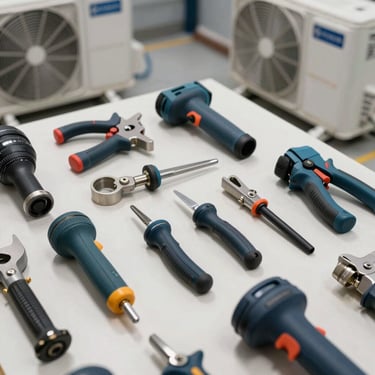 Professional maintenance tools for air conditioning units laid out neatly on a clean surface, professional lighting, industrial blue and steel gray tones.