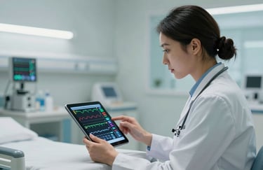 A clinician in a modern North American hospital setting looking at a high-resolution tablet displaying real-time vitals, professional and clean atmosphere.