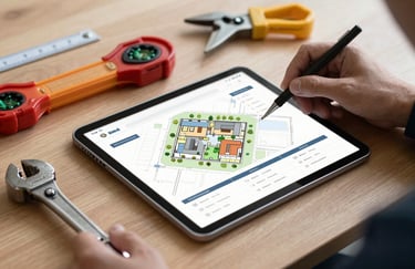 Close up of professional architectural tools and a digital tablet showing property analytics on a clean wooden desk. Professional, corporate sophistication.