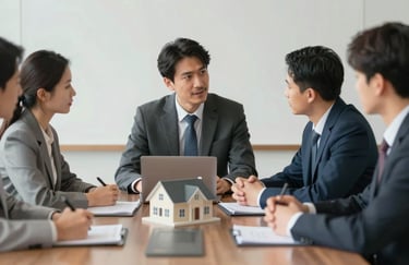 A professional team meeting around a conference table, discussing property procurement strategies. The atmosphere is focused and collaborative.