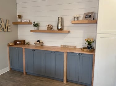 Custom built in cabinetry and shelving with unique finishing for a Pearce Woodworks Detroit client.