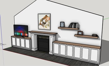 3D design project sketch of a Pearce Woodworks Detroit built-in wall unit and custom cabinetry.