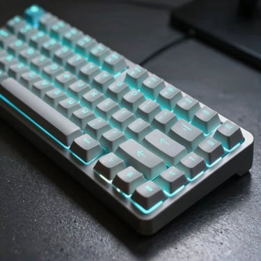 Detail of a professional mechanical keyboard with ice cyan backlighting against a dark, metallic desk background.