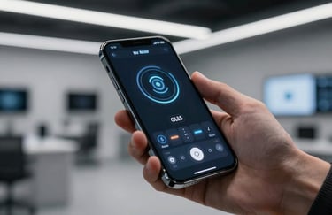 A close-up of a high-end smartphone with a futuristic interface held by a person in a minimalist, dimly lit tech hub.