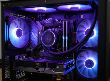 High-performance computer hardware with visible internal cooling fans glowing in deep purple and vibrant blue.
