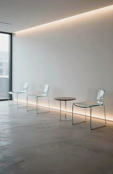 A minimalist North American office lounge with glass furniture and soft neon accent lighting along the floor.