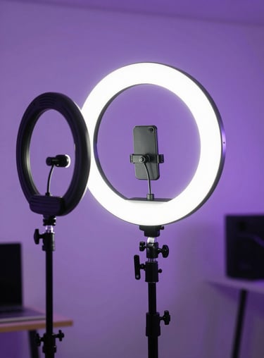 A modern content creator studio in the US with ring lights and soft purple ambient illumination, professional and clean.