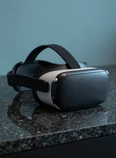 A professional VR headset resting on a sleek, dark granite surface under soft cyan studio lighting.