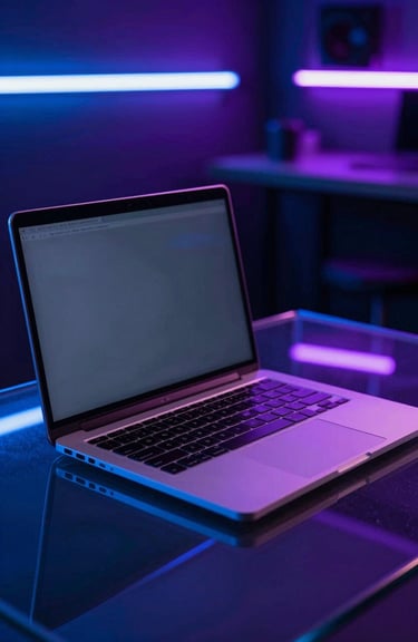 A sleek laptop on a glass surface reflecting vibrant blue and deep purple neon lights in a modern North American tech studio.