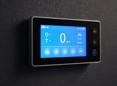 Close-up of a smart home interface glowing with vibrant blue light on a textured dark wall.