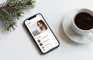 A clean, minimalist flat-lay of a smartphone next to a sprig of local pine and a cup of coffee, emphasizing a focused and approachable social media service.