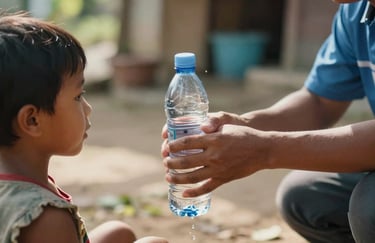 A heart-warming photo of a Southeast Asian / Indonesian volunteer handing a clean bottle of water to a child, captured with a shallow depth of field and warm, natural sunlight.