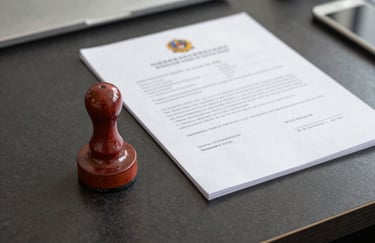 Close-up of official legal documents and a seal on a clean dark charcoal desk in a Southeast Asian / Indonesian professional office. Sharp, bright lighting.