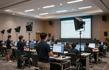 A team of technicians setting up professional lighting and audio equipment in a large, modern conference hall. Professional and efficient atmosphere.