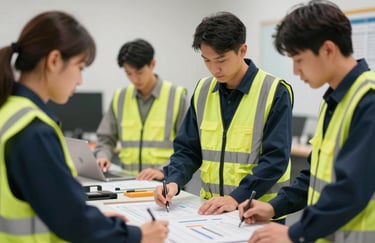 A group of focused logistics workers wearing high-visibility vests over navy uniforms, working around a planning table.