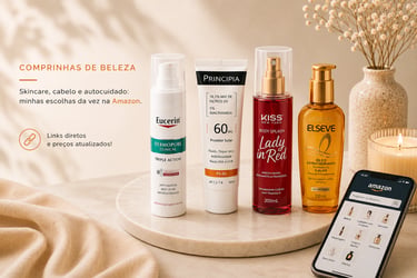 Comprinhas de beleza com skincare, body splash e óleo capilar inspirada em autocuidado e promoções da Amazon