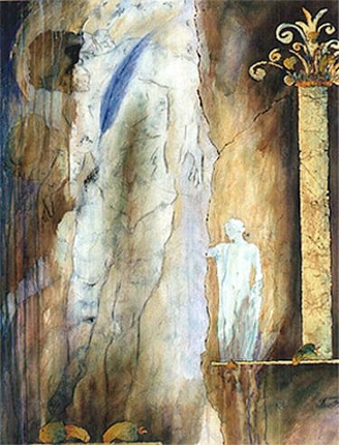 Being Weighed -2000-48"x 36" Acrylic, Plaster, Gold Leaf on Canvas. Private Collection