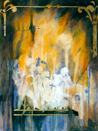 Children of God-2000- 48"x 36" Acrylic, Plaster, Gold Leaf on Canvas. Private Collection