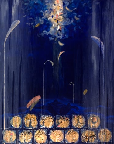 Dream Collector-2005- 60"x 48" Acrylic, Plaster, Gold Leaf on Canvas. Private Collection