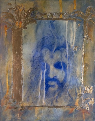 In the Mirror-1999- 18"x14" Acrylic, Plaster, Gold Leaf on Canvas. Private Collection