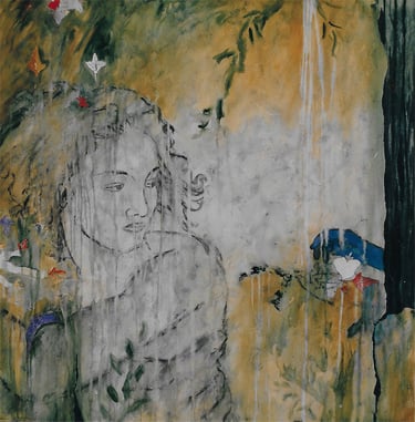 Looking Behind-2000- 48"x 48" Acrylic, Plaster on Canvas. Private Collection