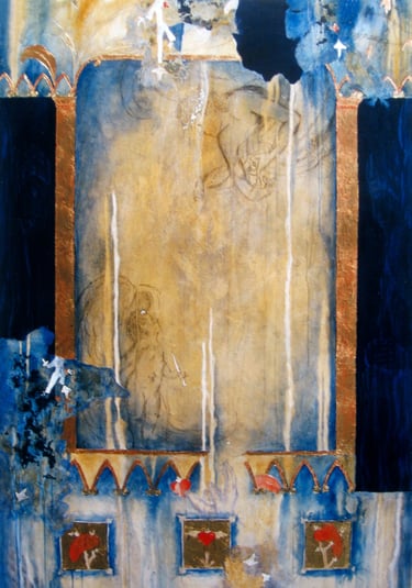 Sacred Teaching-1999- 78"x 51" Acrylic, Plaster, Gold Leaf on Canvas. Private Collection