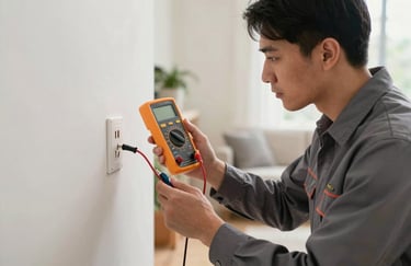 A professional electrician in a clean uniform using a digital multimeter to test a wall outlet in a bright North American / US living room, focusing on precision.
