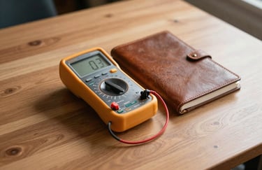 A digital multimeter and a leather-bound scientific notebook resting on a clean wooden table in a North American / US study room, cinematic lighting, incorporating Deep Charcoal shadows.