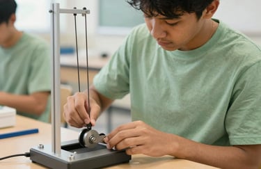 Hands of a North American / US student adjusting a mechanical pulley system for a physics experiment, bright and clean indoor educational setting, featuring Sage Green highlights.