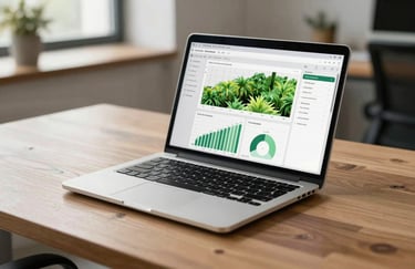 A sleek silver laptop displaying an agricultural dashboard with green and white charts, sitting on a clean wooden desk in a bright office.